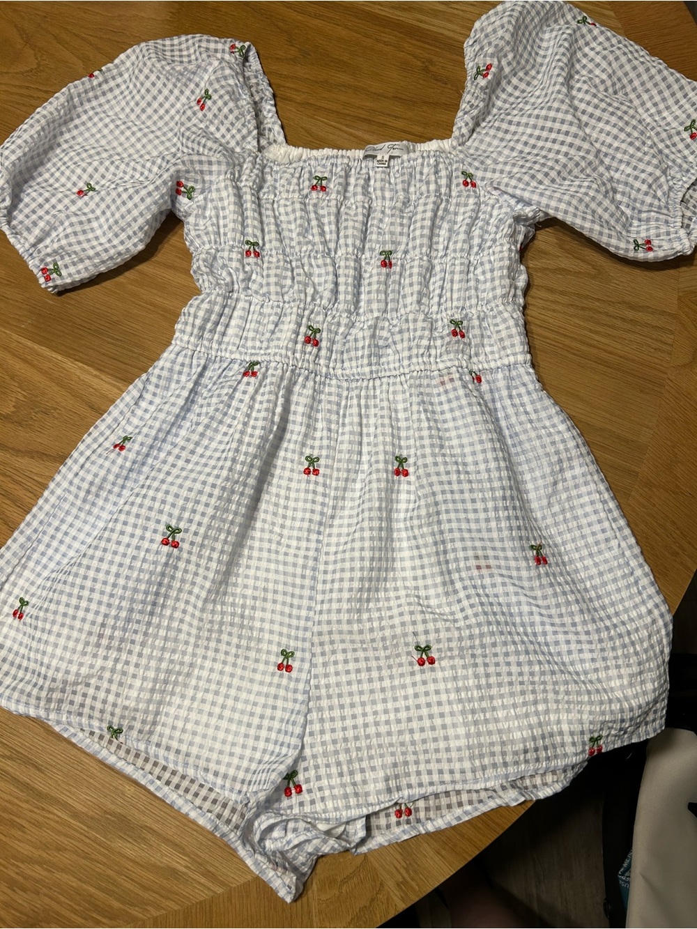 Girls Blue Gingham Cherry Embroidered Romper